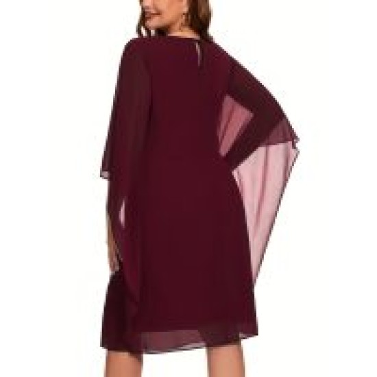 Chiffon Cape Sleeve Bridesmaid Dress, Elegant Crew Neck Loose Fit Asymmetric Dress For Wedding Party, Women Clothing – Mallcopilot fashion women's clothings and shoes outlet factory store