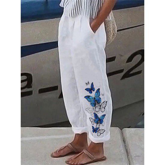 Linen Pants Pants Trousers Faux Linen White Red Royal Blue Fashion Casual Daily Side Pockets Print Full Length Comfort Butterfly S M L XL XXL