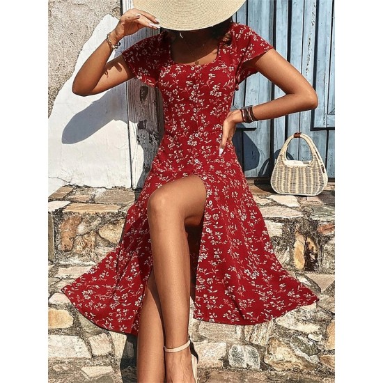 Casual Dress A Line Dress Floral Dress Floral Button Split Square Neck Midi Dress Active Fashion Daily Holiday Short Sleeve Regular Fit Wine Summer Spring S M L XL XXL