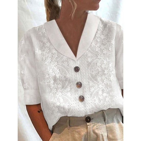 Shirt Blouse White Eyelet Tops White Floral Button Short Sleeve Casual Basic Shirt Collar Regular S