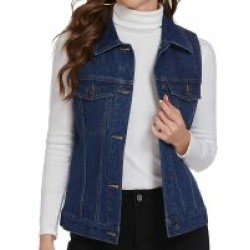 Classic Women Cotton Blend Denim Vest with Front Flap Pocket – Machine Washable Casual Sleeveless Jean Jacket – Mallcopilot fashion women's clothings and shoes outlet factory store