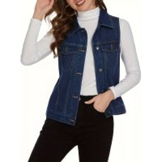 Classic Women Cotton Blend Denim Vest with Front Flap Pocket – Machine Washable Casual Sleeveless Jean Jacket – Mallcopilot fashion women's clothings and shoes outlet factory store