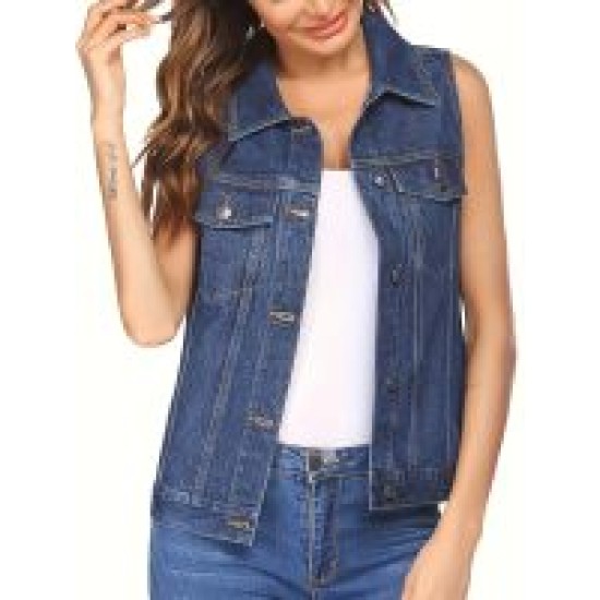 Classic Women Cotton Blend Denim Vest with Front Flap Pocket – Machine Washable Casual Sleeveless Jean Jacket – Mallcopilot fashion women's clothings and shoes outlet factory store