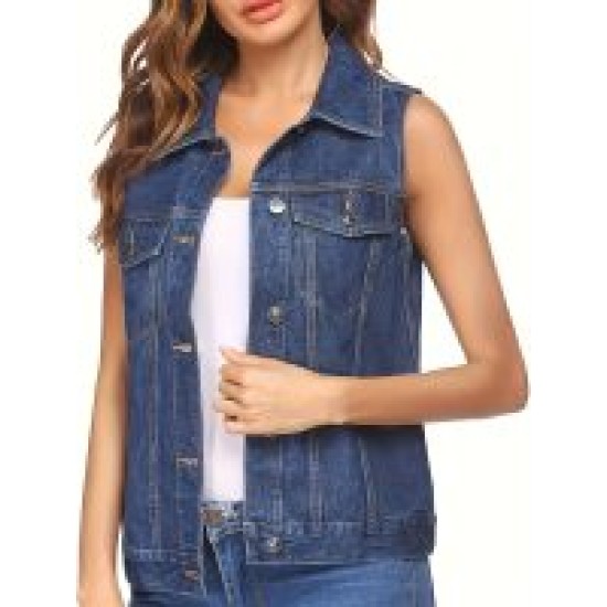 Classic Women Cotton Blend Denim Vest with Front Flap Pocket – Machine Washable Casual Sleeveless Jean Jacket – Mallcopilot fashion women's clothings and shoes outlet factory store