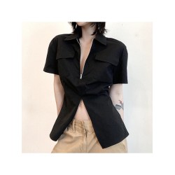 Trendy Pure Color Slit Zipper Up Short Sleeve Blouse