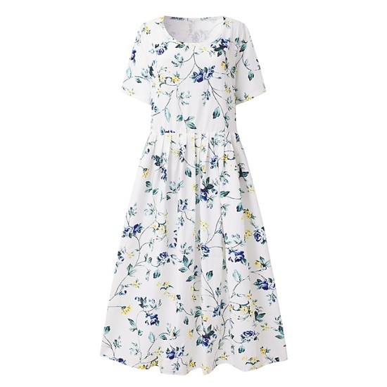 Casual Dress Midi Dress White Blue Green Short Sleeve Floral Ruched Summer Spring Crew Neck Basic Loose Fit 2023 S M L XL XXL 3XL