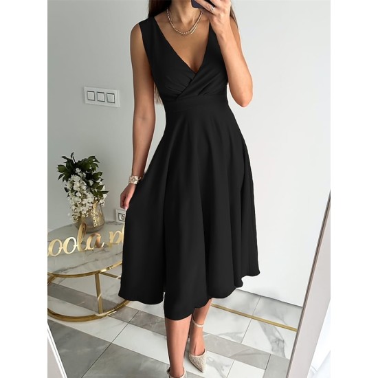 Wedding Guest Dress Party Dress Cocktail Dress Midi Dress Light Pink Black Red Sleeveless Pure Color Ruched Summer Spring V Neck Fashion Birthday Wedding Guest Vacation 2023 S M L XL