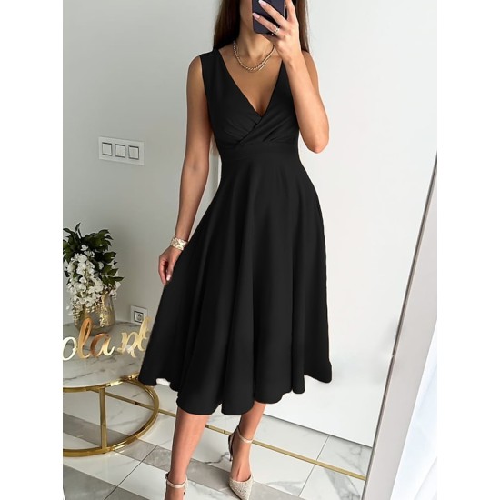 Wedding Guest Dress Party Dress Cocktail Dress Midi Dress Light Pink Black Red Sleeveless Pure Color Ruched Summer Spring V Neck Fashion Birthday Wedding Guest Vacation 2023 S M L XL