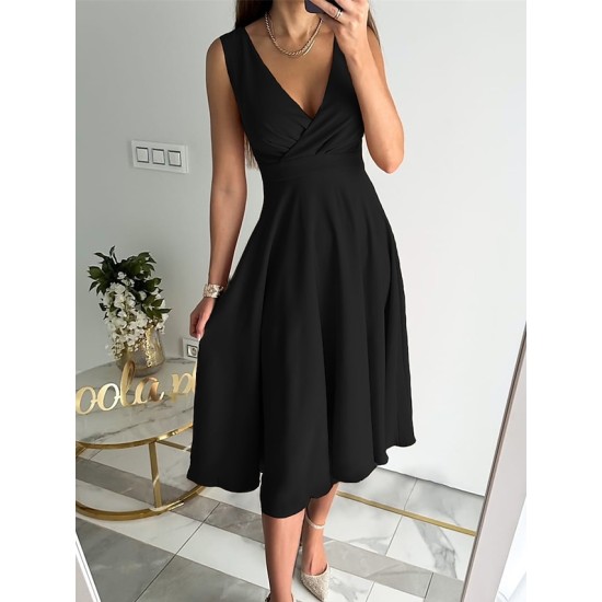 Wedding Guest Dress Party Dress Cocktail Dress Midi Dress Light Pink Black Red Sleeveless Pure Color Ruched Summer Spring V Neck Fashion Birthday Wedding Guest Vacation 2023 S M L XL