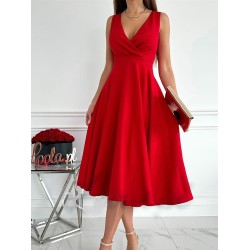 Wedding Guest Dress Party Dress Cocktail Dress Midi Dress Light Pink Black Red Sleeveless Pure Color Ruched Summer Spring V Neck Fashion Birthday Wedding Guest Vacation 2023 S M L XL