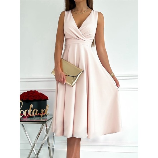 Wedding Guest Dress Party Dress Cocktail Dress Midi Dress Light Pink Black Red Sleeveless Pure Color Ruched Summer Spring V Neck Fashion Birthday Wedding Guest Vacation 2023 S M L XL