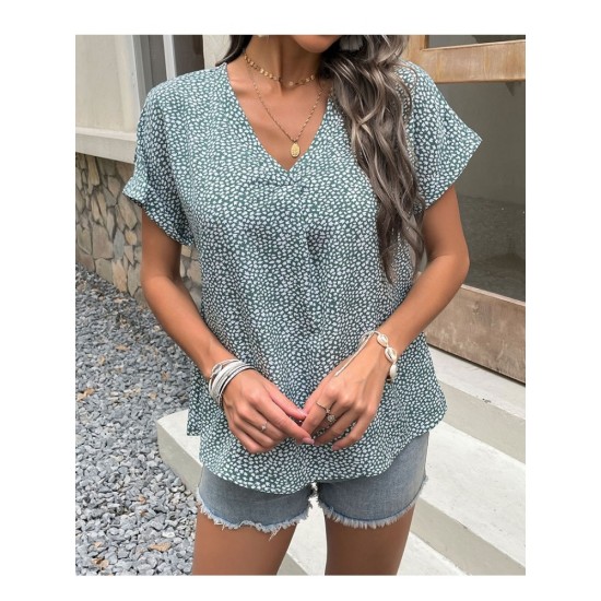 Loose V Neck Short Sleeve Women Blouse