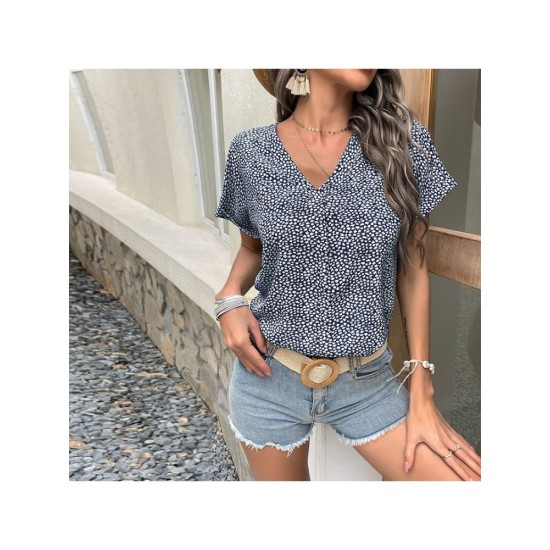 Loose V Neck Short Sleeve Women Blouse