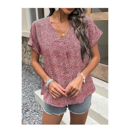 Loose V Neck Short Sleeve Women Blouse