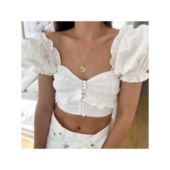 Ladies White Puff Sleeve Cotton Linen Crop Blouse