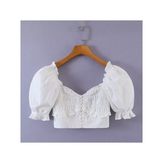 Ladies White Puff Sleeve Cotton Linen Crop Blouse