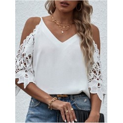 V-Neck White Hollowed Out Sexy Blouse