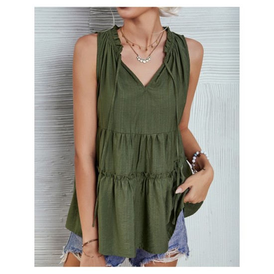 Casual Ruffles Solid Sleeveless Tops For Women