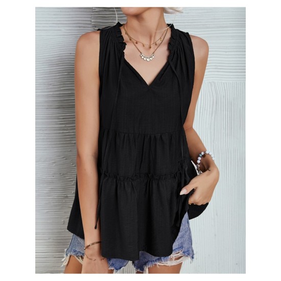 Casual Ruffles Solid Sleeveless Tops For Women