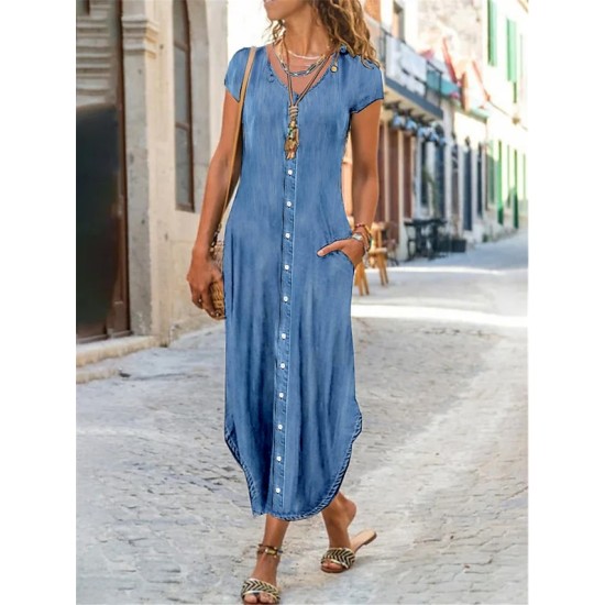 Casual Dress Shift Dress Denim Shirt Dress Maxi long Dress Denim Fashion Basic Outdoor Daily Vacation V Neck Button Pocket Short Sleeve Summer Spring 2023 Regular Fit Blue Plain S M L XL 2XL