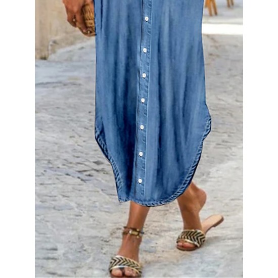 Casual Dress Shift Dress Denim Shirt Dress Maxi long Dress Denim Fashion Basic Outdoor Daily Vacation V Neck Button Pocket Short Sleeve Summer Spring 2023 Regular Fit Blue Plain S M L XL 2XL