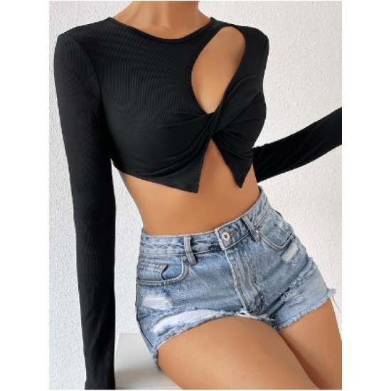 Rib Pure Color Hollowed Out Long Sleeve Top