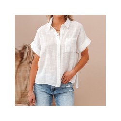 Summer Pure Color Lapel Short Sleeve Blouses