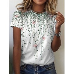 T shirt Tee Green Floral Print Short Sleeve Holiday Weekend Basic Round Neck Regular Floral Painting S