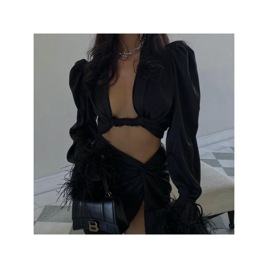 Sexy V Neck Puff Sleeve Patchwork Crop Blouse