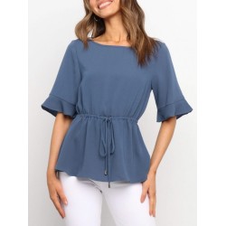 Casual Pure Color Ruffled Half Sleeve Ladies Top