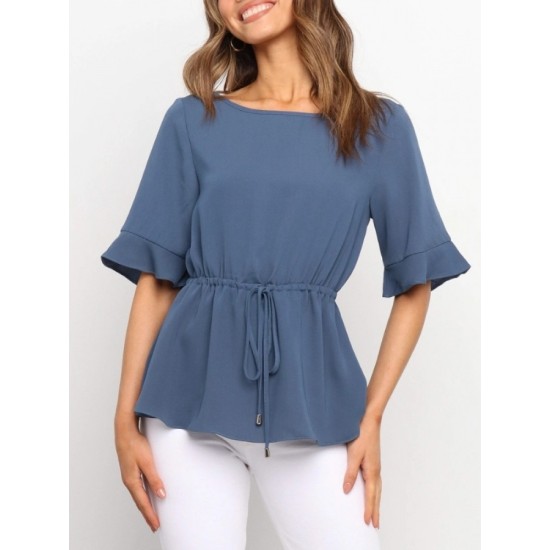 Casual Pure Color Ruffled Half Sleeve Ladies Top