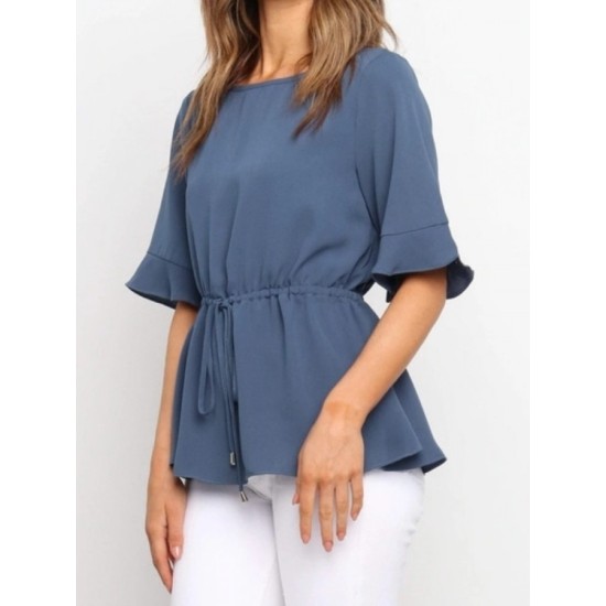 Casual Pure Color Ruffled Half Sleeve Ladies Top