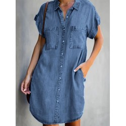 Denim Shirt Dress Midi Dress Denim Hot Casual Daily Weekend Shirt Collar Pocket Rolled Cuff Short Sleeve Summer Spring 2023 Loose Fit Light Blue Pure Color S M L XL XXL