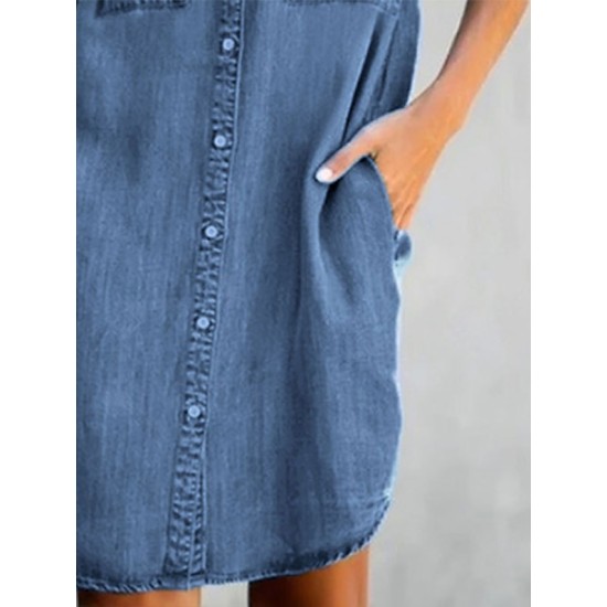 Denim Shirt Dress Midi Dress Denim Hot Casual Daily Weekend Shirt Collar Pocket Rolled Cuff Short Sleeve Summer Spring 2023 Loose Fit Light Blue Pure Color S M L XL XXL