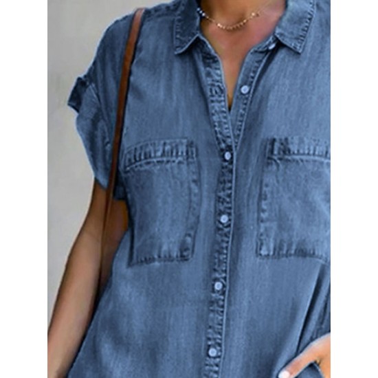 Denim Shirt Dress Midi Dress Denim Hot Casual Daily Weekend Shirt Collar Pocket Rolled Cuff Short Sleeve Summer Spring 2023 Loose Fit Light Blue Pure Color S M L XL XXL