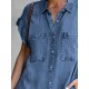 Denim Shirt Dress Midi Dress Denim Hot Casual Daily Weekend Shirt Collar Pocket Rolled Cuff Short Sleeve Summer Spring 2023 Loose Fit Light Blue Pure Color S M L XL XXL