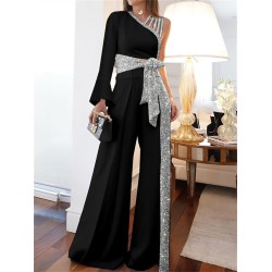 Jumpsuit Patchwork High Waist Solid Color One Shoulder Streetwear Party Street Regular Fit Long Sleeve Black White Blue S M L Summer