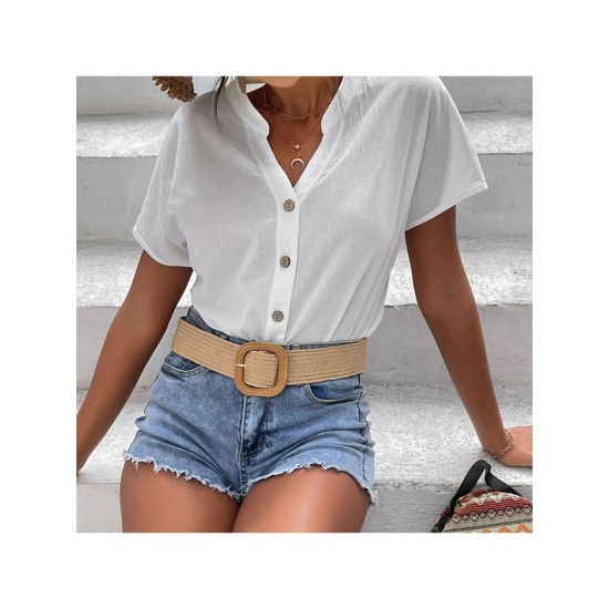 Casual White Stand Collar Summer Ladies Blouse