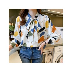 Korean Style Printing Bow Tie Long Sleeve Blouse