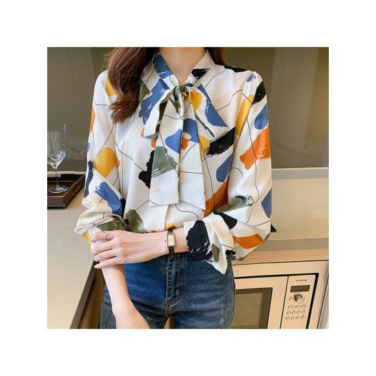 Korean Style Printing Bow Tie Long Sleeve Blouse