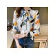 Korean Style Printing Bow Tie Long Sleeve Blouse