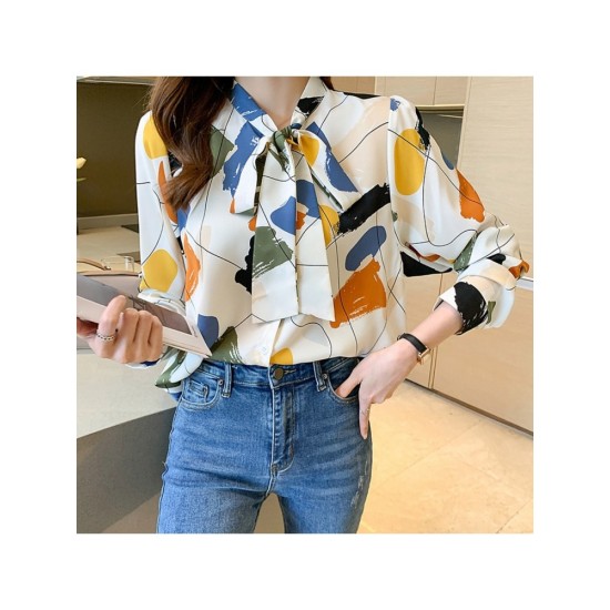 Korean Style Printing Bow Tie Long Sleeve Blouse