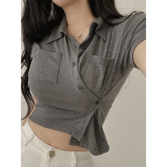 Pure Color Turndown Collar Women’s Knitted Shirt Top