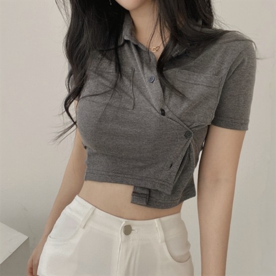 Pure Color Turndown Collar Women’s Knitted Shirt Top