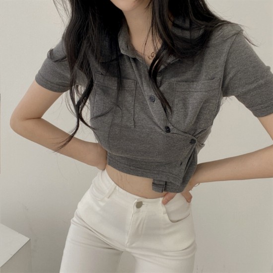 Pure Color Turndown Collar Women’s Knitted Shirt Top