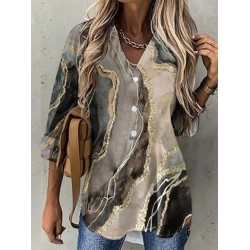 Shirt Blouse Khaki Flower Button Print Long Sleeve Daily Weekend Streetwear Casual V Neck Regular S