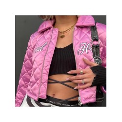 Letter Embroidered Turn Down Collar Zipper Short Cotton Jacket