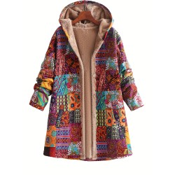 Cozy Plus Size Hooded Coat with Floral Design – Womens Soft Fleece Outerwear for Fall & Winter