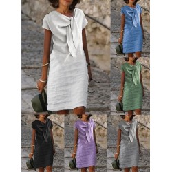 Casual Dress Cotton Dress Midi Dress Cotton Blend Fashion Basic Outdoor Daily Vacation V Neck Lace up Short Sleeve Summer Spring 2023 Loose Fit Black White Blue Plain S M L XL 2XL