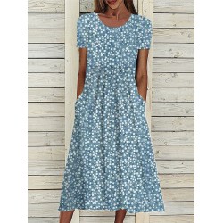 Casual Dress Floral Dress Summer Dress Floral Ditsy Floral Pocket Print Crew Neck Midi Dress Fashion Streetwear Outdoor Daily Short Sleeve Loose Fit Navy Blue Royal Blue Blue Summer Spring S